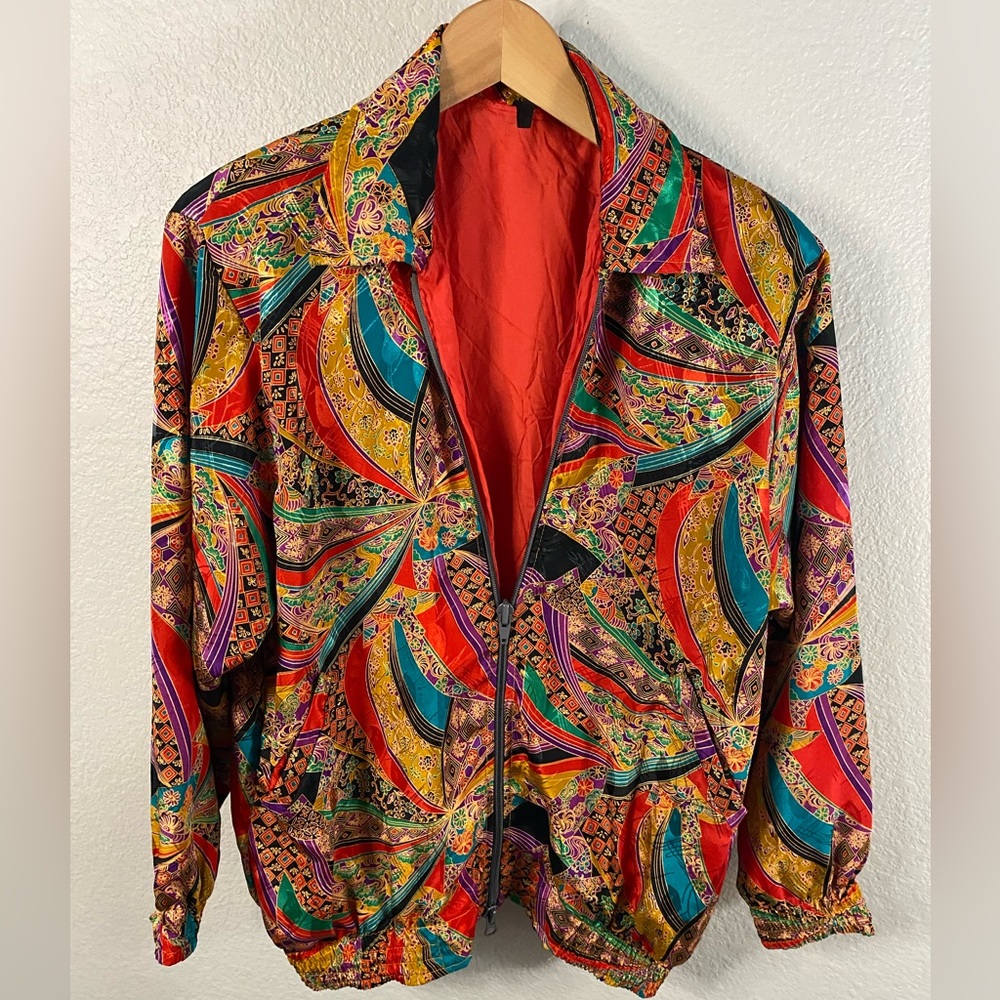 VINTAGE 80s women  colorful long sleeves collard zip up bomber jacket